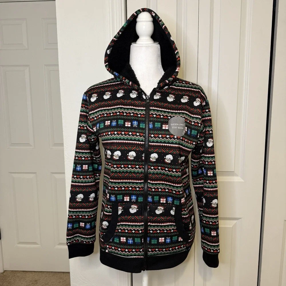 Berkley Jensen Christmas Hoodie Jacket Juniors Sz 14-16 Santa Cozy Plush Lined